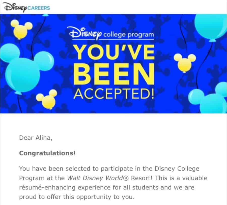 Disney College Program acceptance letter
